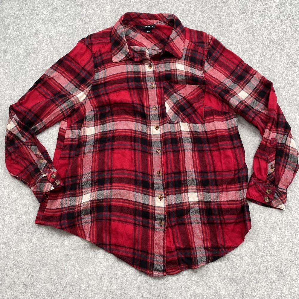 Torrid Button Up Shirt Womens 1 Plus Red Plaid Collared Long Sleeve Top